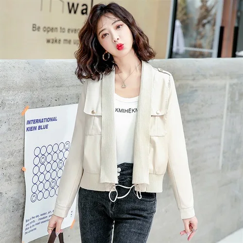 LXUNYI Spring Autumn 2022 Women Leather Jacket Long Sleeve Casual PU Leather Coat Fashion Knitted Casual Patchwork Short Coat