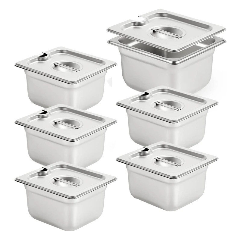 

6 Pack Anti-Jam Slotted Hotel Pans With Lids, 1/6 Size 4 Inch Deep, Commercial 18/8 Stainless Steel Steam Table Food Pan