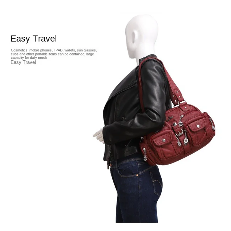 Women's Motorcycle Wind Single Shoulder Backpack Multi-pocket Crossbody Bag Women's Solid Color Metal Button Bag