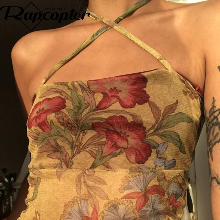 

Сетчатый сексуальный укороченный топ с цветочным рисунком, яркий женский топ для вечерние, Клубная одежда с оборками и перекрестными лямка...