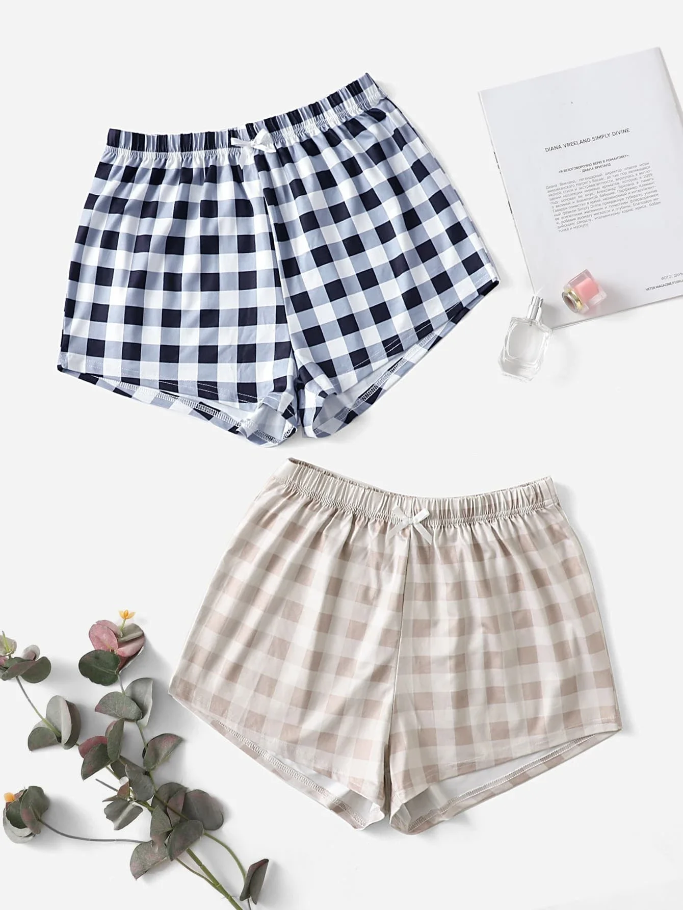 

2pcs Bow Detail Gingham Print Sleep Shorts