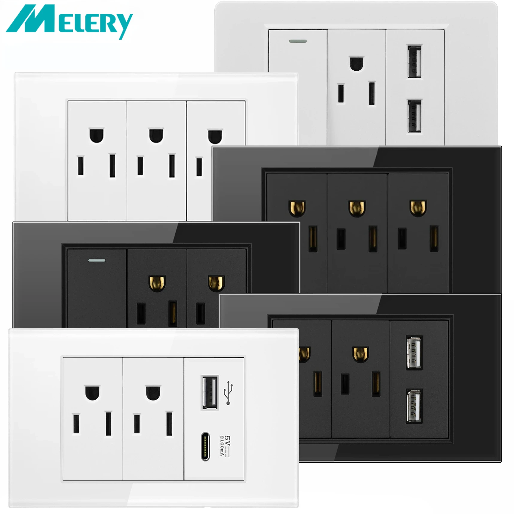 Настенная розетка Melery США USB Type C выключатель света двухполюсная пластиковая и
