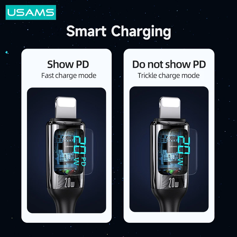 Кабель быстрой зарядки USAMS PD 20 Вт/12 Вт со светодиодным дисплеем кабель USB A C Lightning