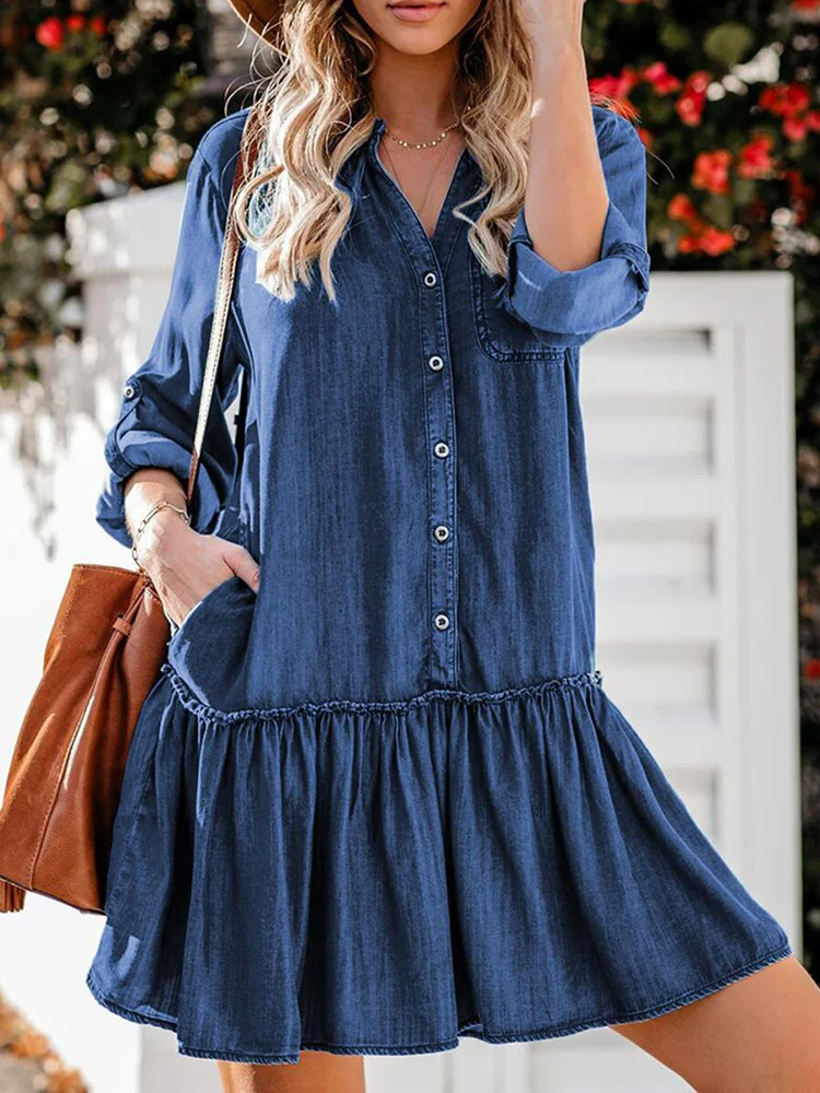 

Elegant V Neck Mini Dresses For Women Ladies Loose Solid Pocket Denim Dress 2023 Spring Autumn Long Sleeve Casual Short Dress