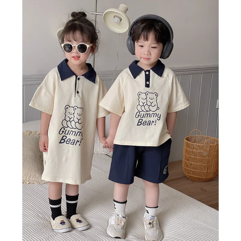 

Summer Children Siblings Set Boys Cartoon Shorts Girls Dress Suit Children Little Bear Pattern Korean Casual Children Clothing
