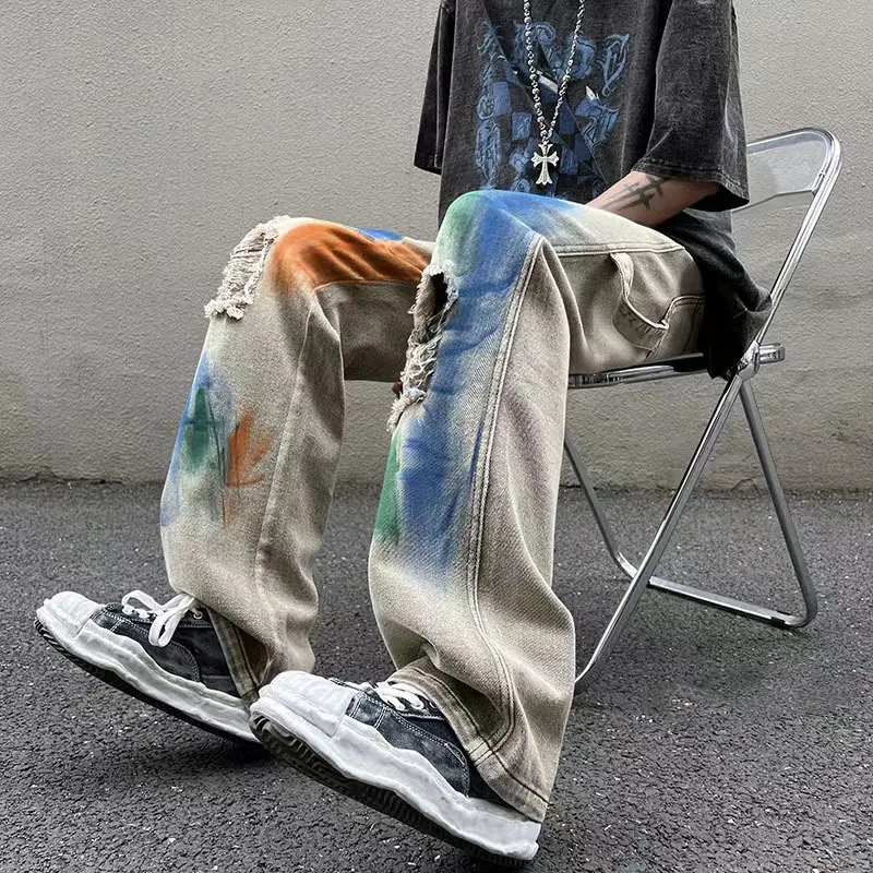 American style overalls, yellow mud dyed torn jeans, men and women's splash-ink tie-dyeing, slimming, wide leg pants