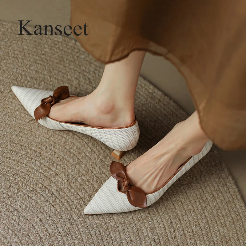 

Женские туфли из натуральной кожи Kanseet, весенние туфли с острым носком и бантом-бабочкой, украшение ручной работы на среднем каблуке, вечерн...