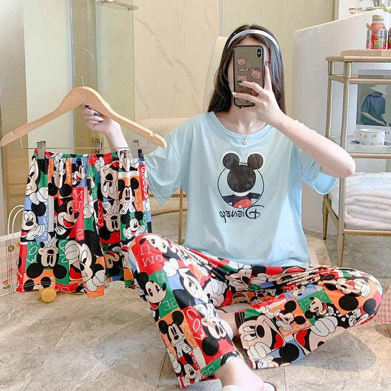 

Disney Mickey Minnie Pajamas Women's Summer Three-piece Pajamas Short-sleeved Shorts Trousers Casual Round Neck Home Service