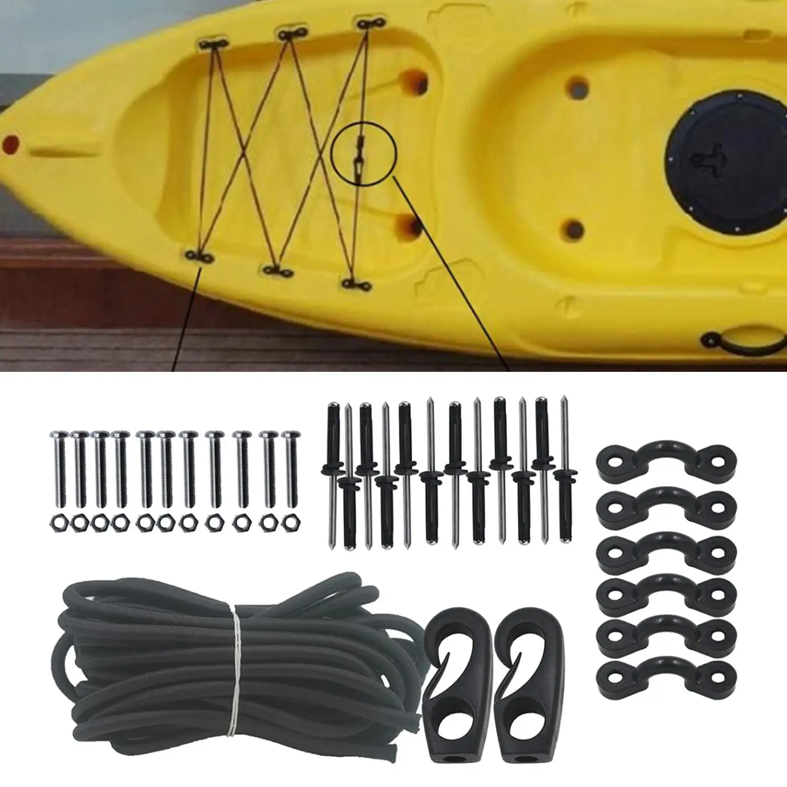 

Kayak Deck Rigging Kit Elastic Cord Rope Nylon Pad Eyes Screws Nuts for Outfitting Fishing Accessories