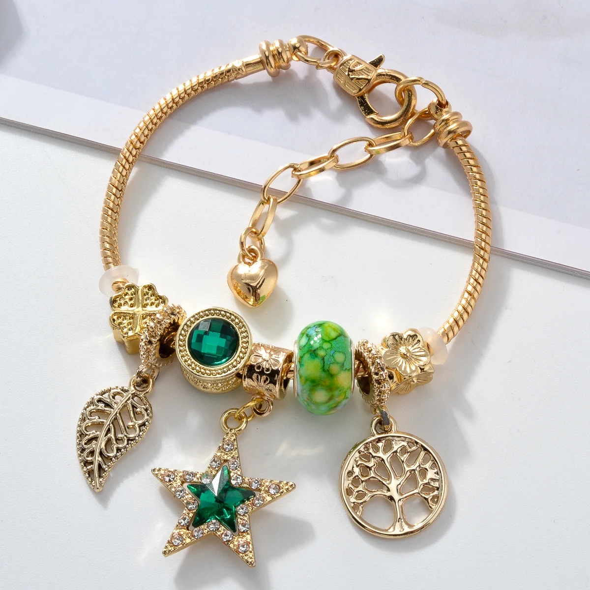 Браслет Pandora из нержавеющей стали золотого цвета браслет с зеленым цирконом