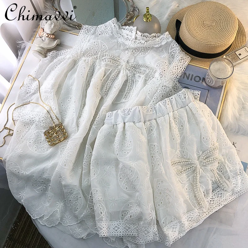 

French High-end Heavy Bowknot Off-the-Shoulder Doll Shirt Wide-Leg Shorts Elegant Fashion Two-Piece Set Women's 2022 Summer New