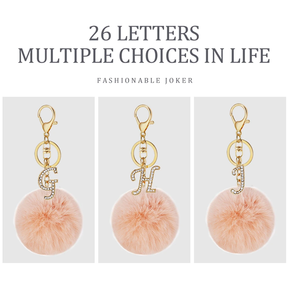 

New 26 Letter Keychain Diamond Inlaid Metal Key Rings With Fluffy Balll Bag Pendant Plush Case Bag Accessories