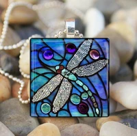 painted blue dragonfly time diamond necklace alloy glass long sweater chain geometry insects