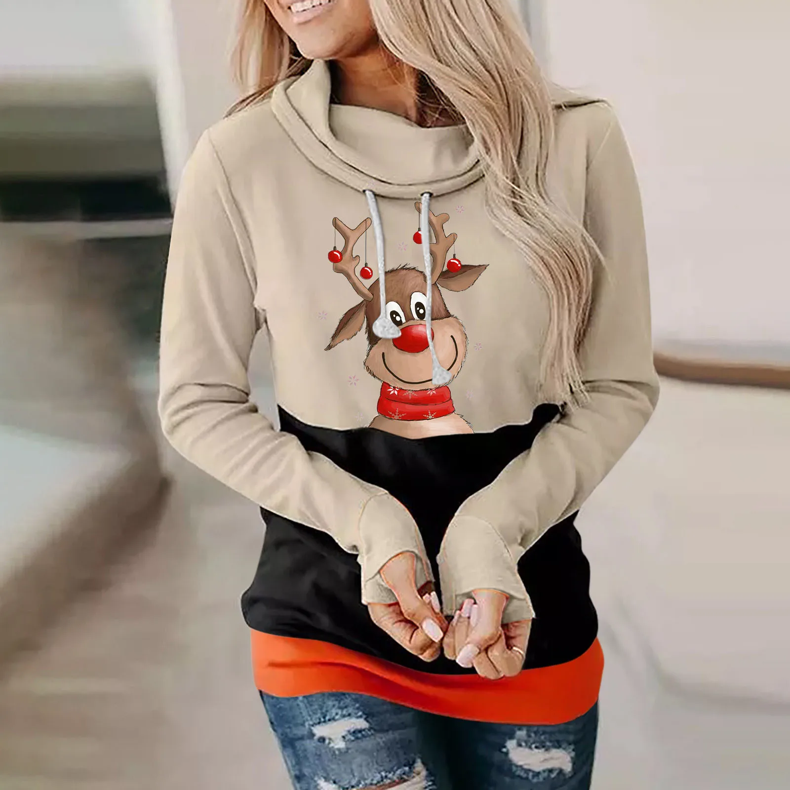

Ladies Christmas Printed Long Sleeve Hooded Sweater Casual Top Pullover Green Pullover Sweatshirt Women Lightweight Hoodie