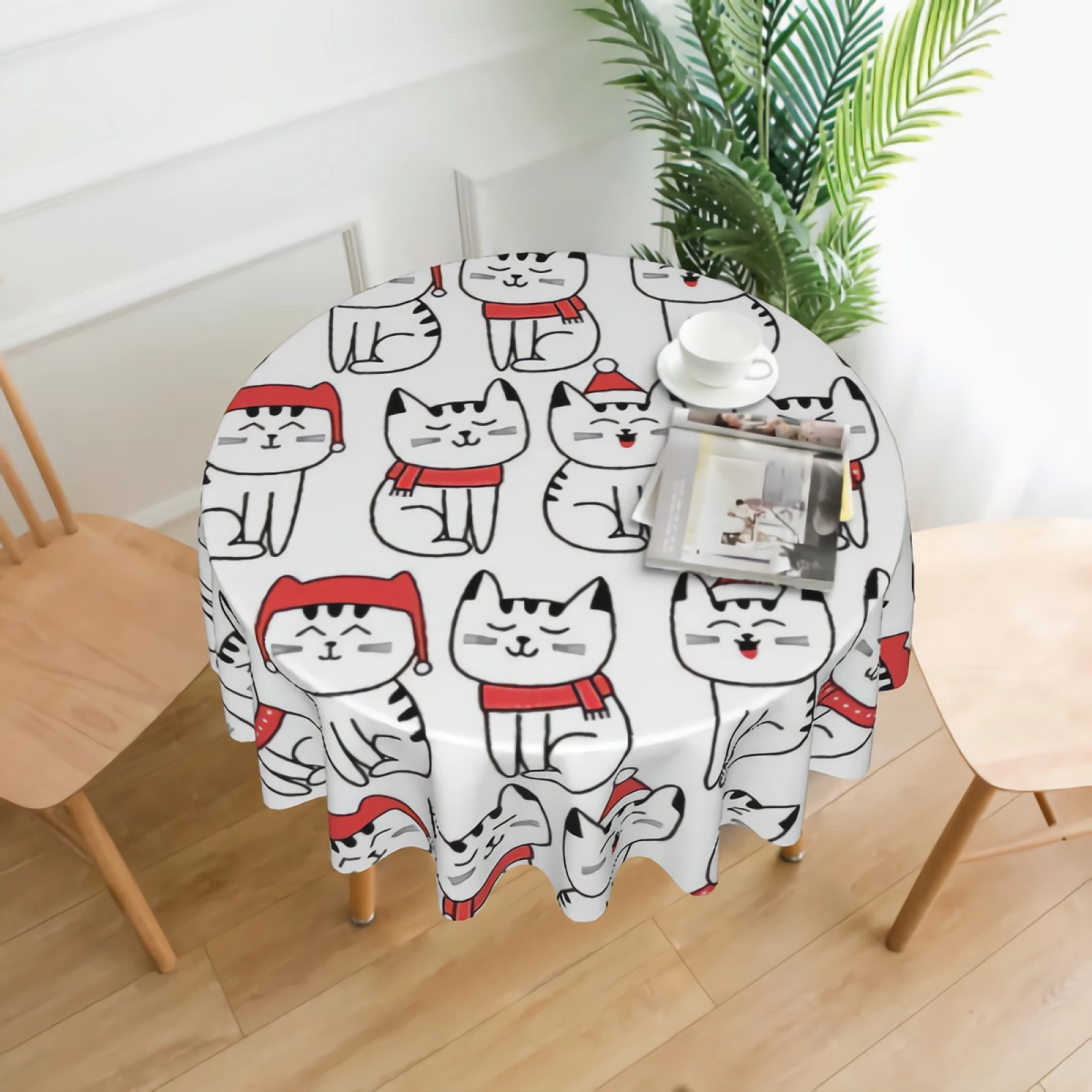 

Cartoon Cat Pattern For Christmas Round Tablecloth Waterproof Doodle Style Pet Cats Table Cloth Cover Washable 60" Dining Decor