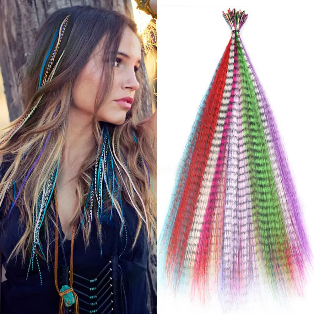 

Hair Extensions Colored Strands for Hair Feather Extension 10 Pieces I Tip Synthetic Hairpiece Fake Hair Zebra Line Feather