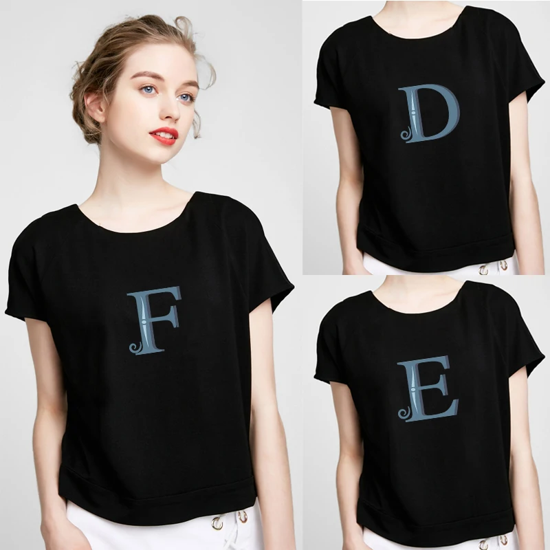 

Women T Shirt New Fashion Blue Letters Print Female Ladies Casual Tops Fashion Ladies T-shirts Short Sleeve Women-clothing Woman