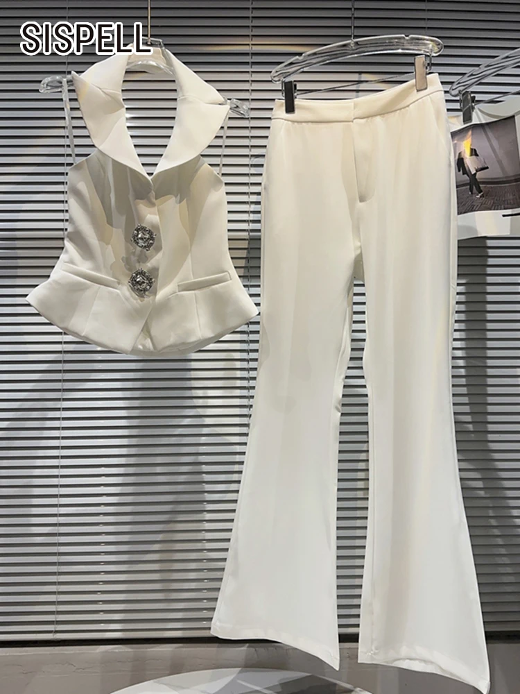 

Женский облегающий костюм SISPELL из двух предметов, топ без рукавов с воротником-халтером и открытой спиной, брюки с широкими штанинами и высокой талией, летний комплект