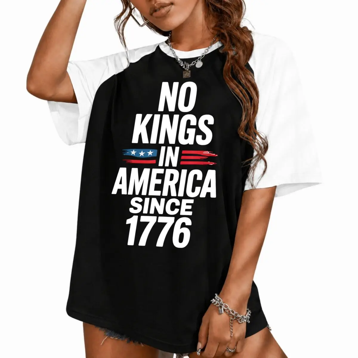 Фото Винтажная футболка с принтом «We The People Serve No Kings» (США), женская хлопковая футболка с коротким рукавом реглан, к 250-летию 4 июля №2
