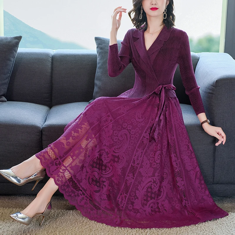 

Ladies Lace Stitching Jacquard Dress 2022 Fall New Long Sleeve Large Size Loose Tight Skirt Casual Elegant Mom Dress Vestidos