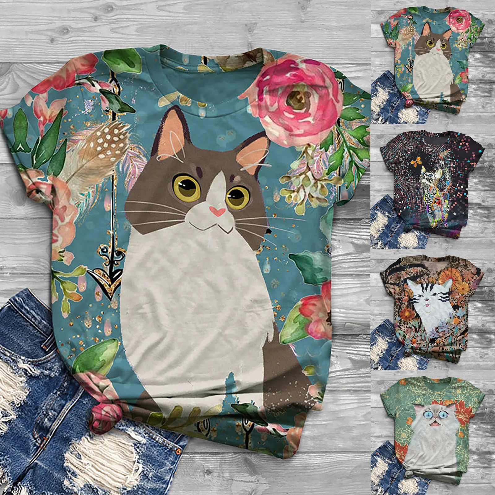 

S-5XL Multicolor 3D cute cat print T-shirt Women Fashion Round Neck Short Sleeve Cute Animal Short Sleeve Tops t-shirt femme F4