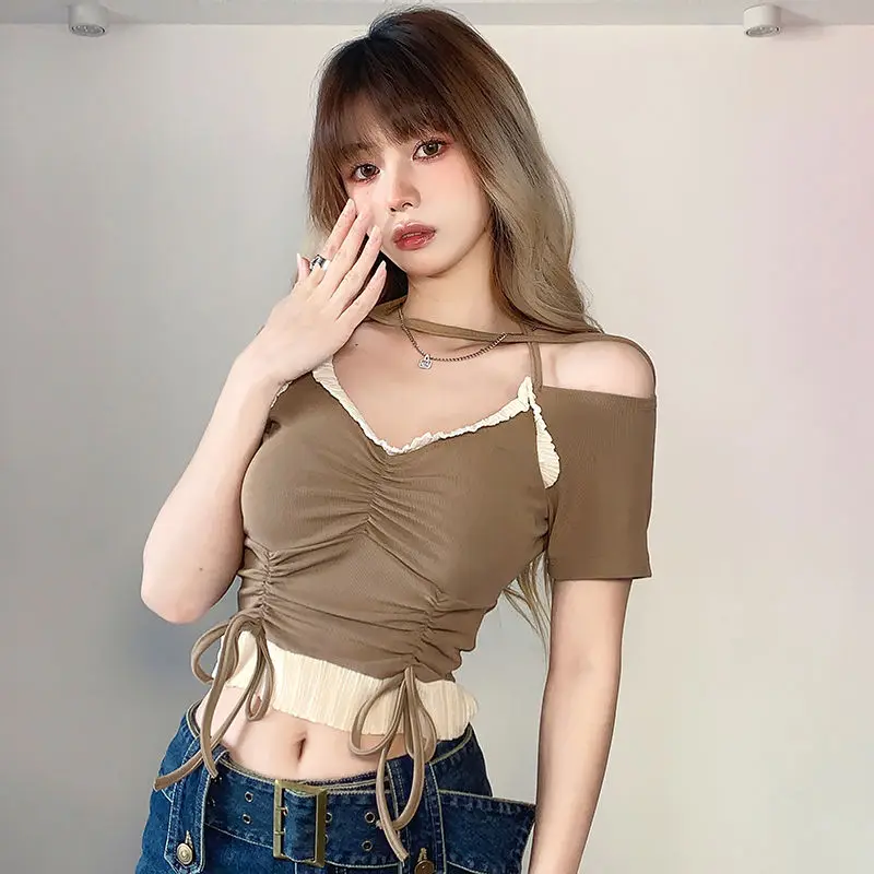 

Летний винтажный пикантный укороченный топ с V-образным вырезом, Женский уличный облегающий кроп-топ на завязках спереди