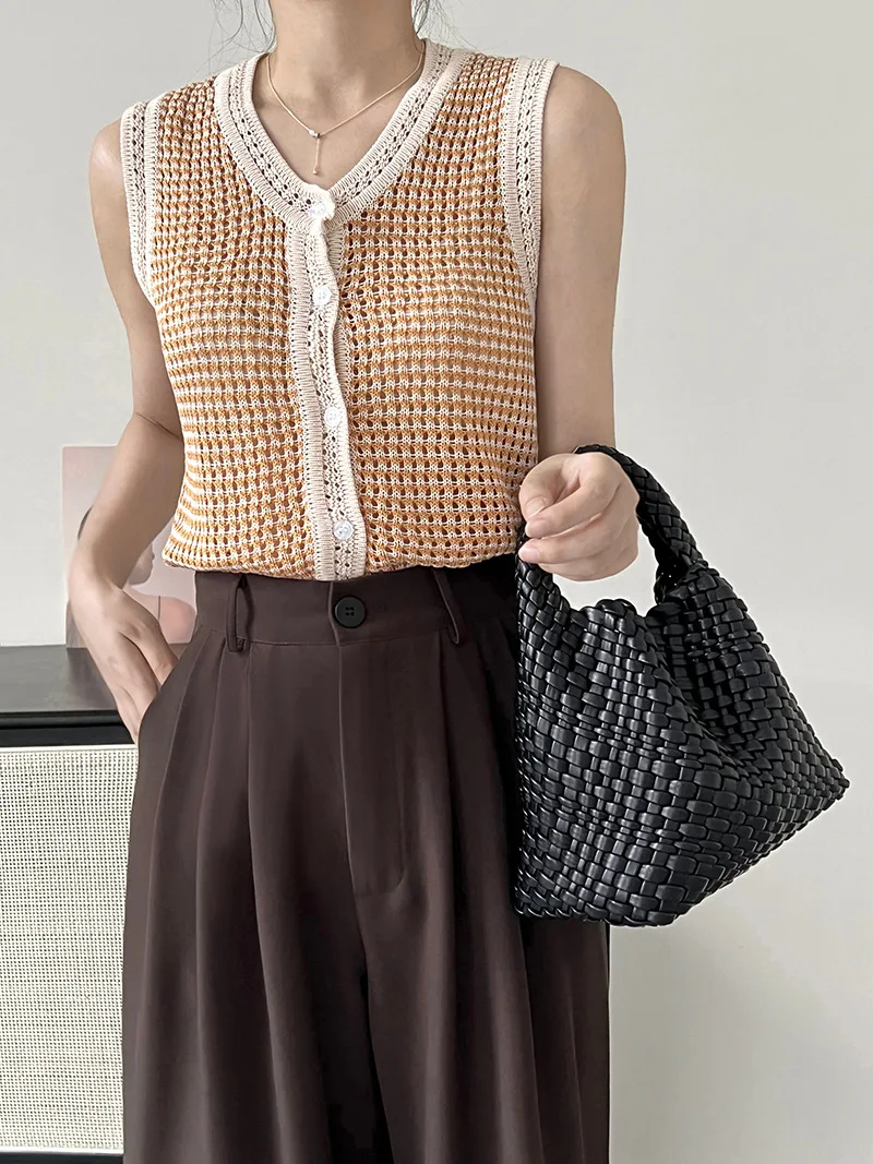 

Fall Fashion Loose Sweet Single-breasted Striped V-neck Knitted Vests Women Sleeveless OL Ladies Outwear Tops Vintage 4 Colors