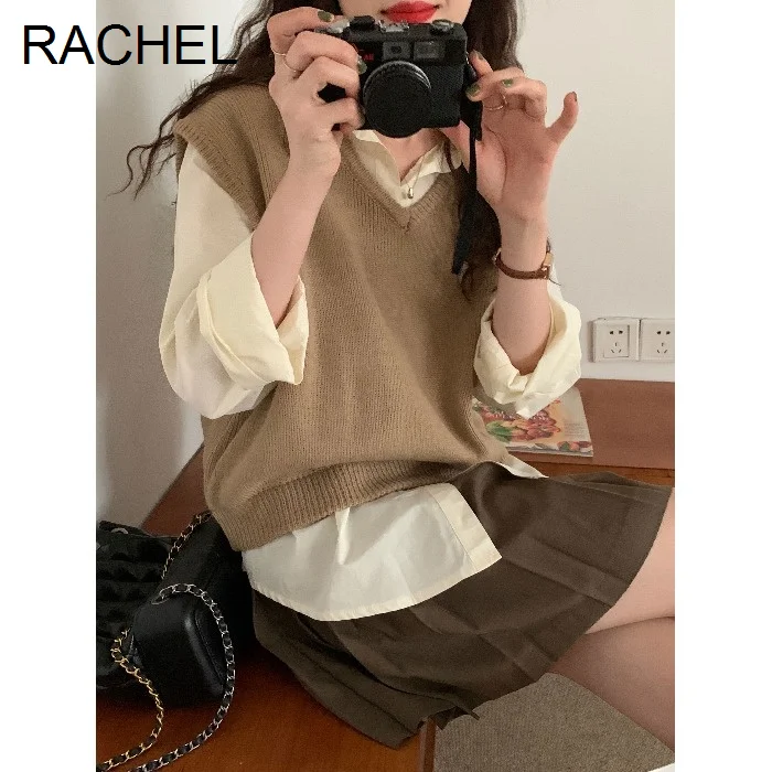 

Женское вязаное платье-жилет с V-образным вырезом, Свободный пуловер без рукавов, модный топ на весну и осень, 2021