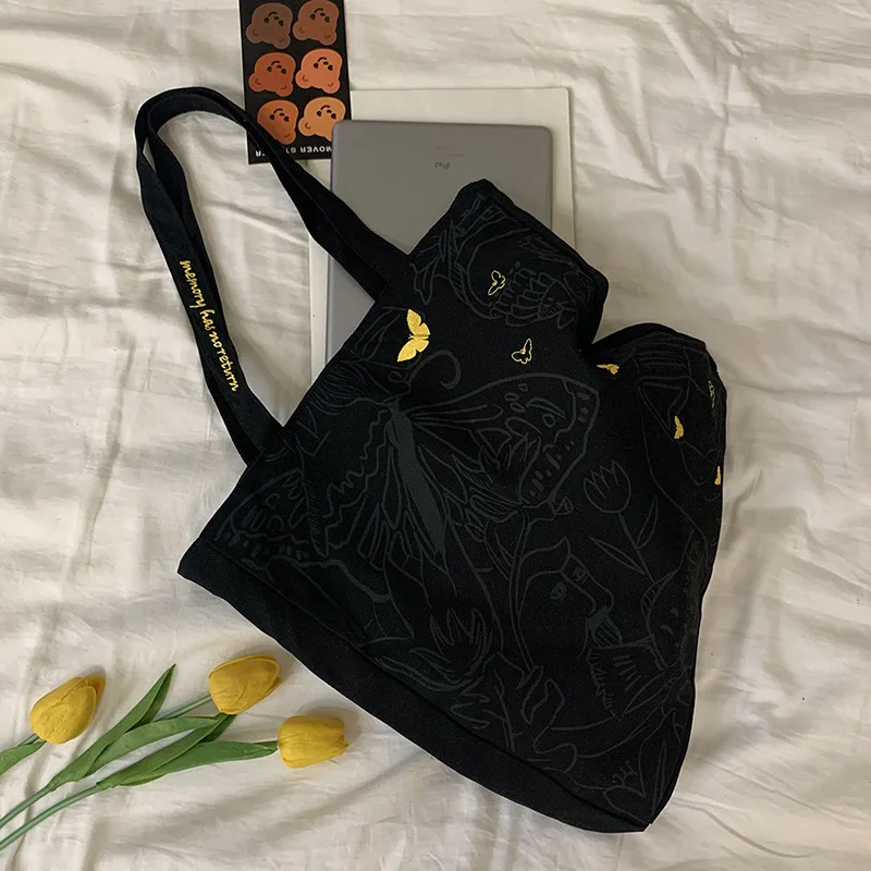 

Tote Bag Black Embroidered Butterfly Women's Bag Folding Reusable Shopper Handbag High Capacity Eco Canvas Bag Bolsos