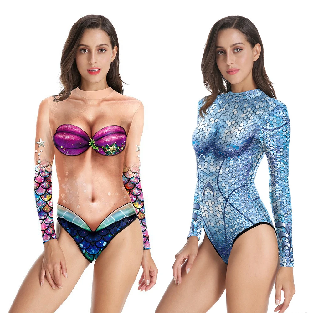 

Женские костюмы для косплея, искусственное трико, блестящие рыбные весы, печатные стандартные купальники, сценические костюмы для представлений