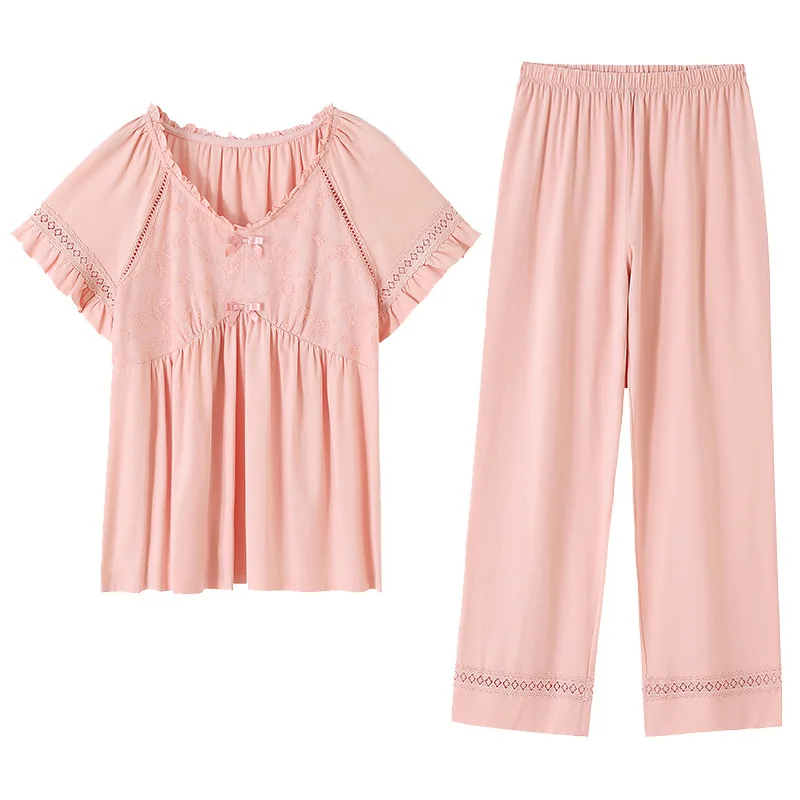 2023new Pajamas for Women's Summer Thin Cool Casual Simple and Cute Short-sleeved Trousers Home Service Suit Can Be Worn Outside