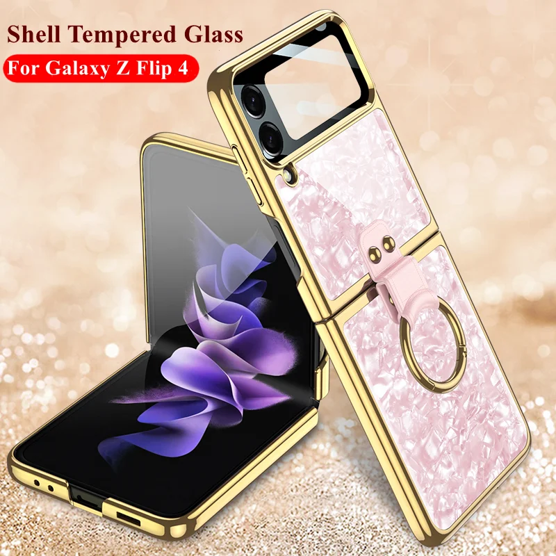 

Finger Ring Case for Samsung Galaxy Z Flip 4 5G Shell Patterned Tempered Glass Cover Plating Frame Lens Glass Protection Case