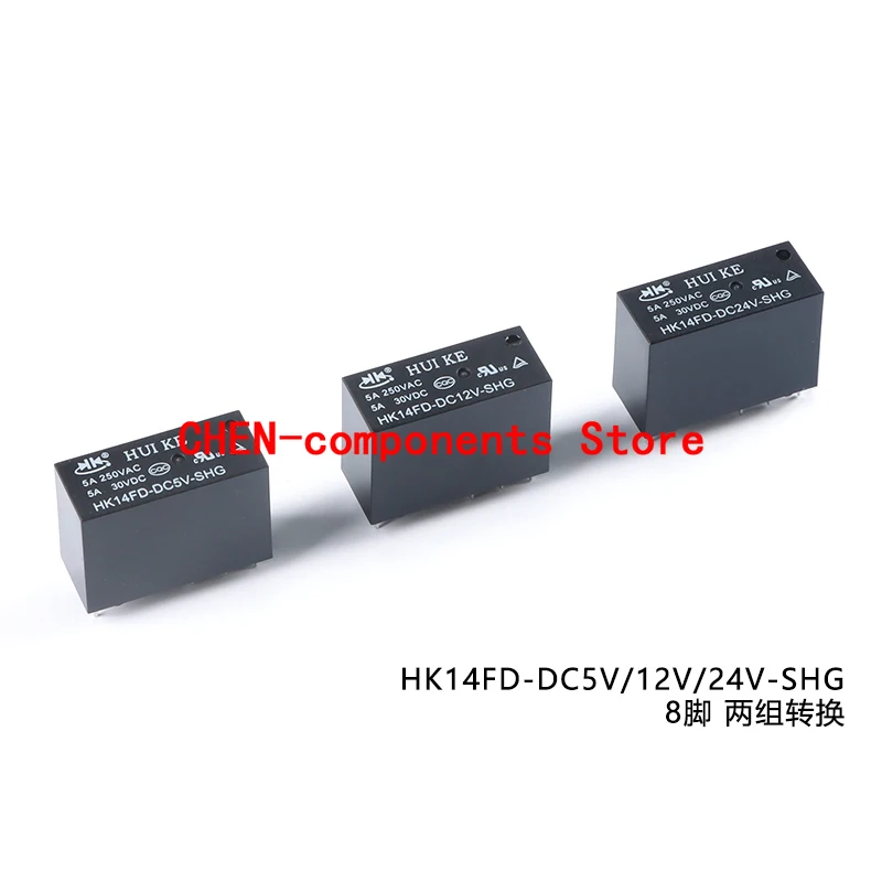 Новое реле мощности HK14FD, 10 шт., HK14FD-DC5V-SHG Black, 5 В, 12 В, 24 В, двухгрупповое преобразование, 8 контактов
