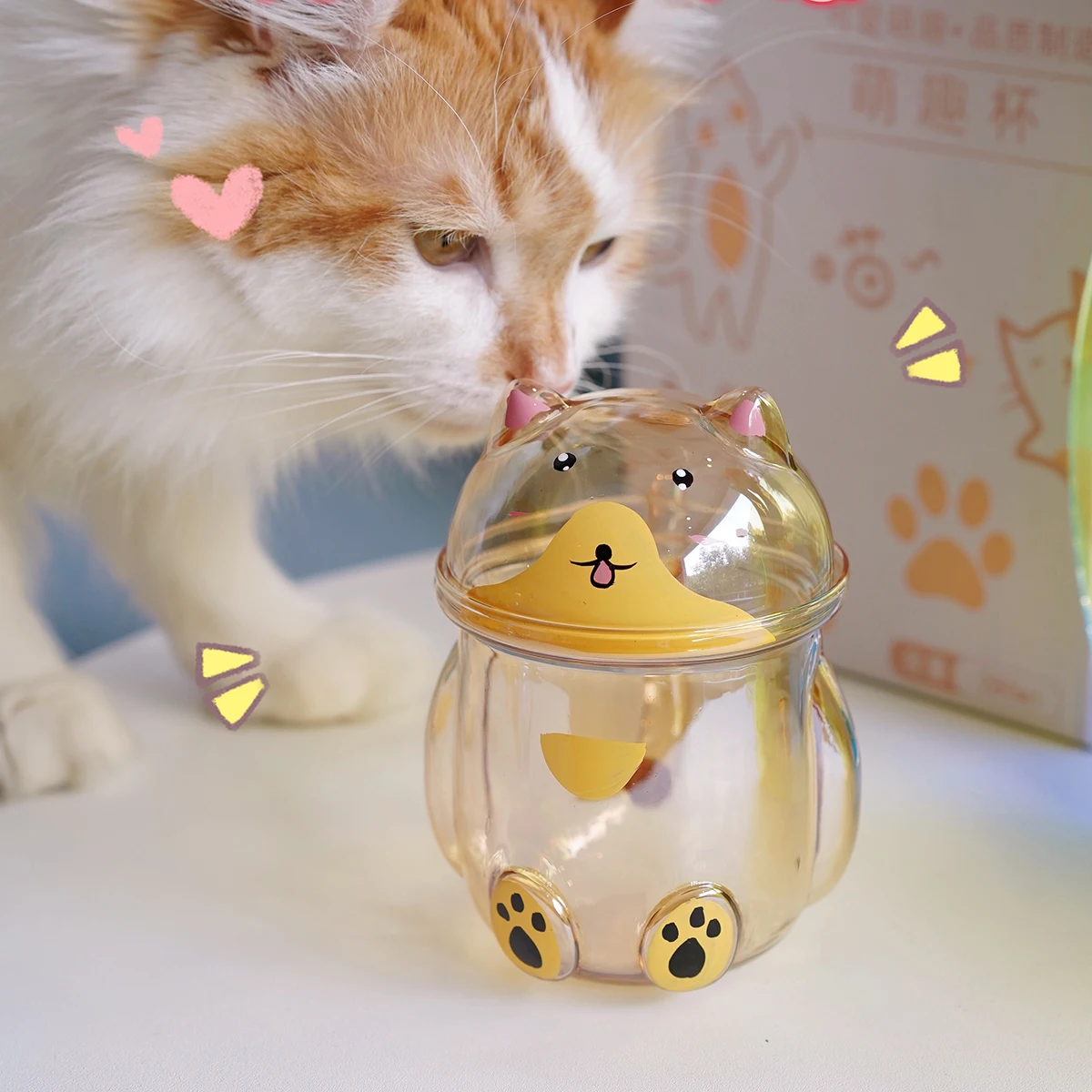 

Creative Colorful 3D Cute Cat Glass Home with Lid Milk Breakfast Cold Drink Cup High Borosilicate Heat-resistant Glass Mug