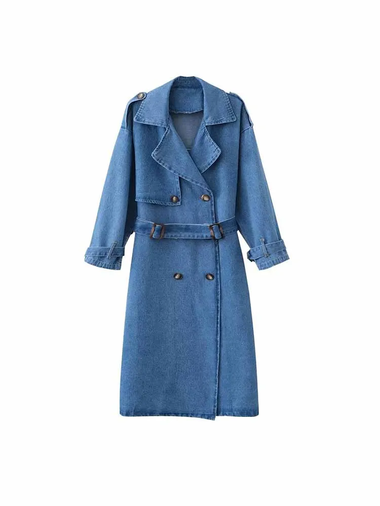 BSK&ZA&TRF Women 2023 New Fashion With Belt Double Breasted Slim denim Trench Vintage Long Sleeve Female Outerwear Chic Overcoat