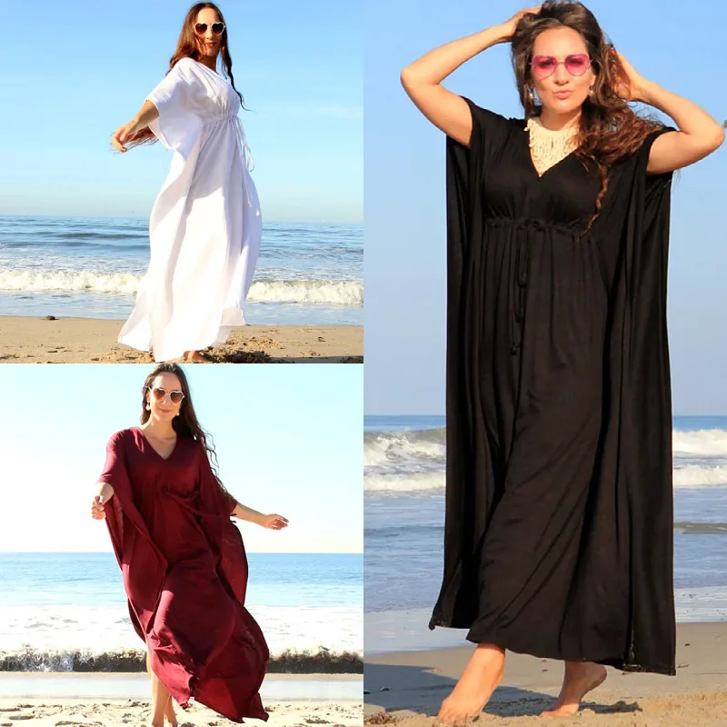 2022 Women Beach Smock Cotton Waist Drawstring Loose Holiday Robe Bikini Sunscreen Shirt