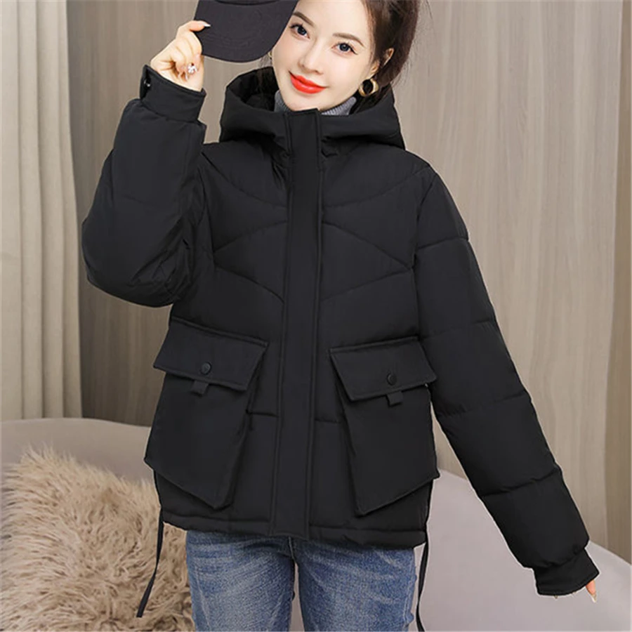 Winter Hooded Short Fluffy Chic Women Jacket Oversized Warm Thicken Parka Loose Casual Korean Coat Solid Snow Wear Outwear 2022