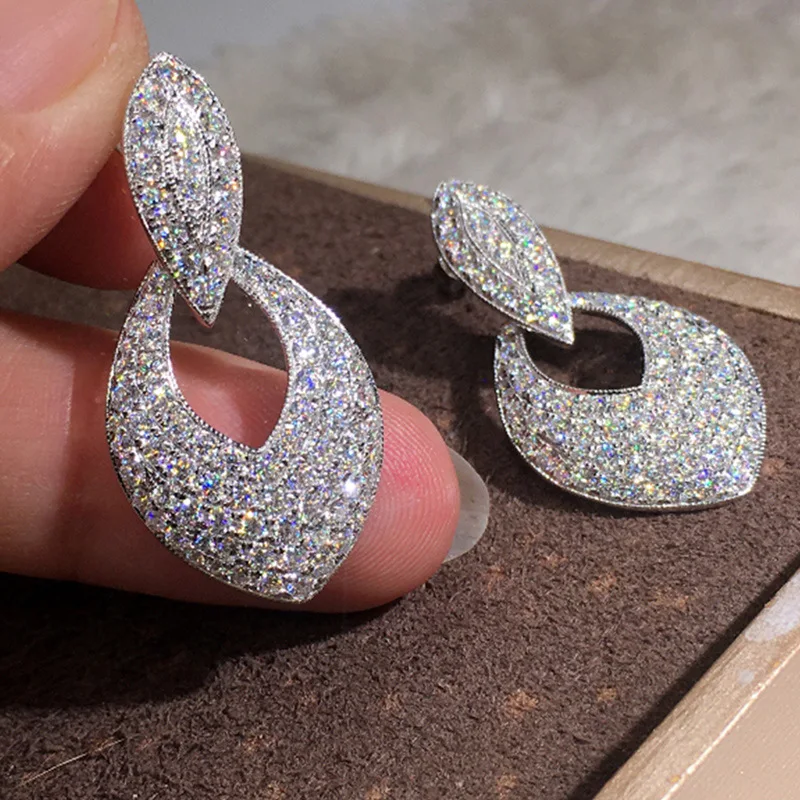 

Dazzling and Fashionable Silver Bridal Wedding Pendant Earrings Full Pavé Sparkling CZ Elegant Ladies Accessories Party Jewelry