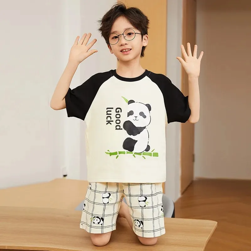 2024 Summer New Children's Sleepwear Short Sleeve Pure Cotton Cartoon Home Clothes For Boys Medium To Large Suit