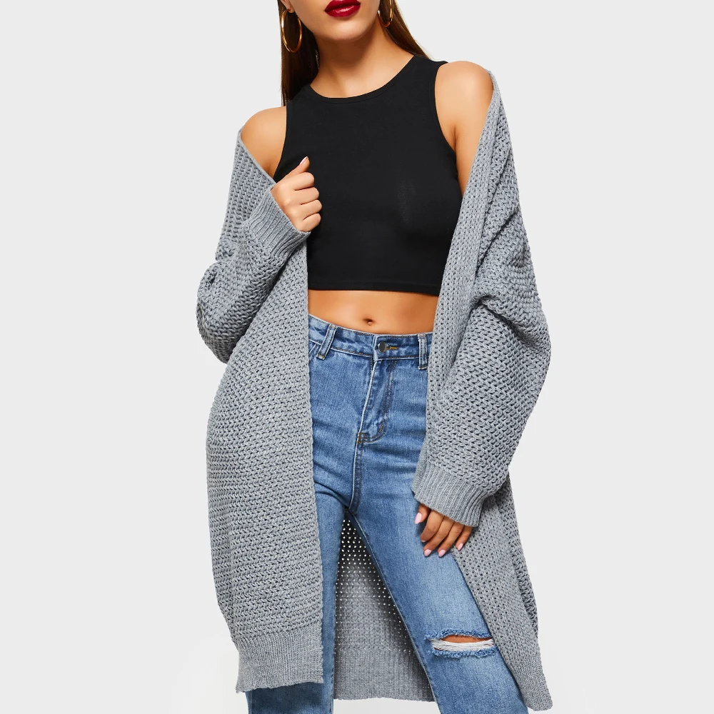 

Женский длинный вязаный кардиган, свободный плотный свитер оверсайз, повседневная трикотажная верхняя одежда, модные весенне-осенние паль...