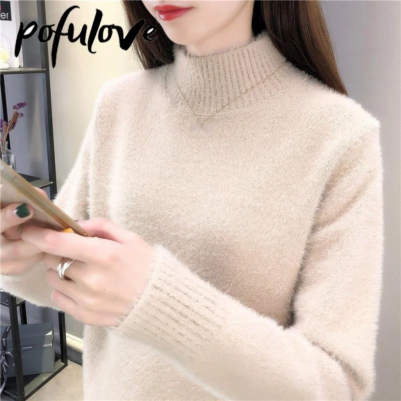 

Mink Fleece Sweater Women's Loose Casual Knitwear Thickened Pullover Sweater Solid Top Korean Fashion Knit Jumper Autumn Winter