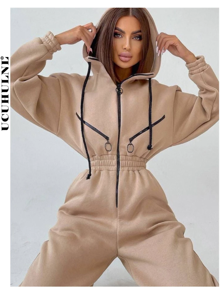 Elegant Hoodies Jumpsuit Korea Fashion Women Long Sleeve One Piece Outfit Warm Overalls Winter Sportwear Rompers Tracksuits New
