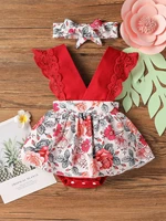 baby floral print guipure lace trim combo bodysuit dress with headband