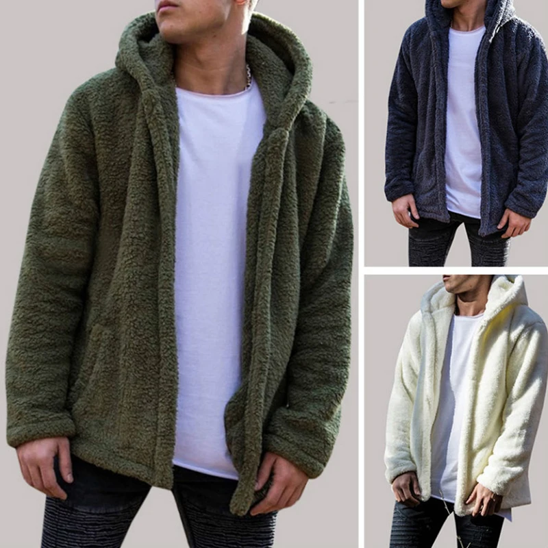 

Mens Coat Autumn Winter Casual Loose Double-Sided Plush Hooded Fleece Fur Jacket Leisure Outwear Clothing Cardigan