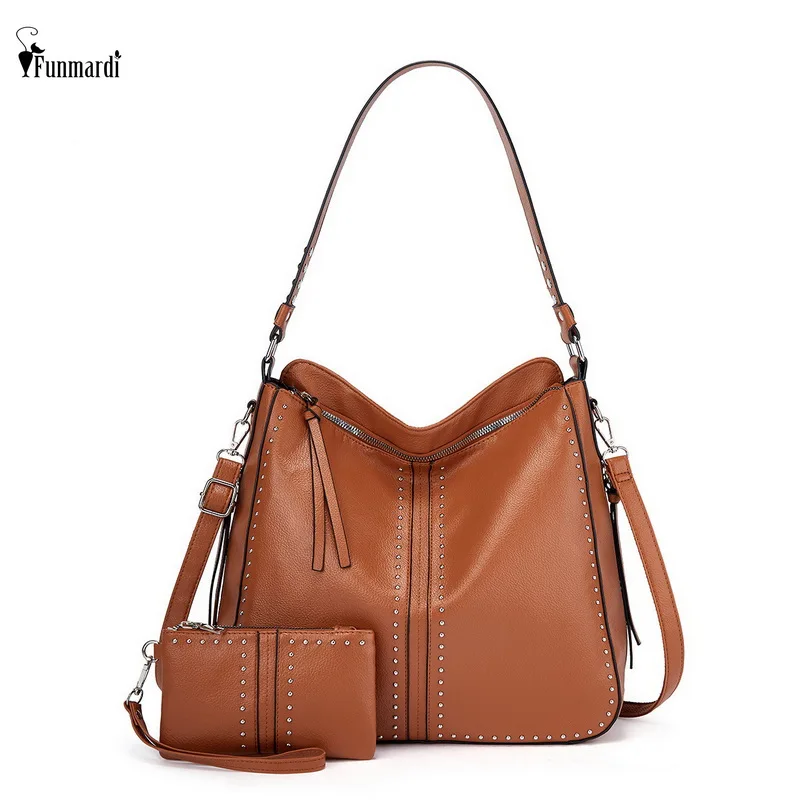 

FUNMARDI High Quality Ladies Handbags And Purse Rivet New Women Composite Bag Female PU Leather Shoulder Messenger Bag WLHB3222
