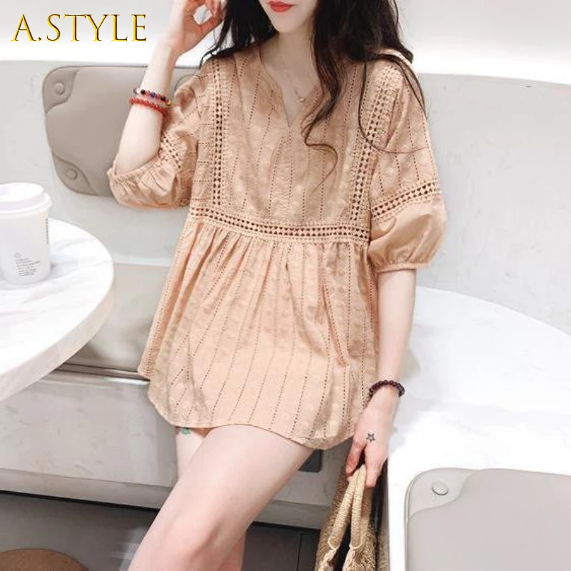 

Блузка для девочек, Милая женская модная свободная простая однотонная НОВАЯ шикарная ажурная уютная винтажная мягкая для отдыха, на лето, д...