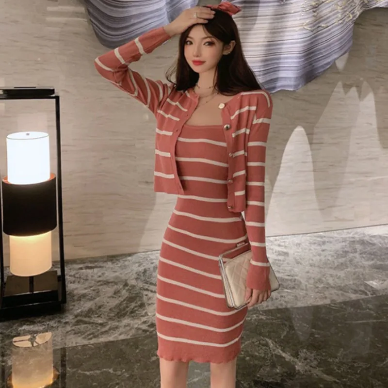 

Two Pieces Sets Women Striped Long Sleeve Knitted Sweater Cardigan Spaghetti Strap Bodycon Elegant Autumn Midi Dress Suits