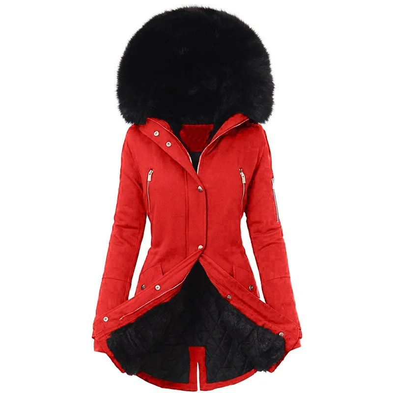 2022 Winter women's cotton padded clothes Thickened cotton padded clothes Medium length coat Women's wool collar hood for warmth