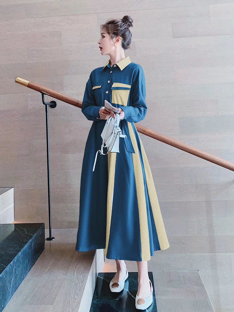 

GetSpring Women Dress Temperament Full Sleeve Color Matching Single Breasted Large Hem Long Shirt Dresses Spring Autumn 2022 New