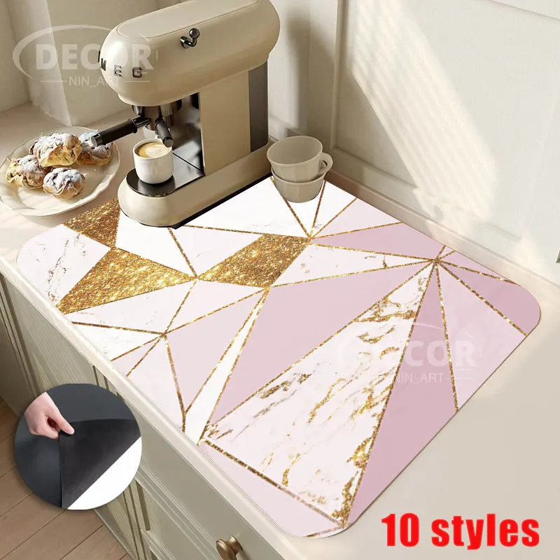 

Pink Liquid Gold Dish Drying Mat Kitchen Super Absorbent Tableware Bottle Anti-slip Rug Luxury Geometric Dinnerware Counter Pad